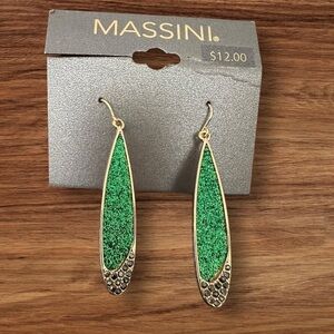 Massini Gold Tone Green Glitter Marcasite Elongated Dangle Earrings 1247 NEW